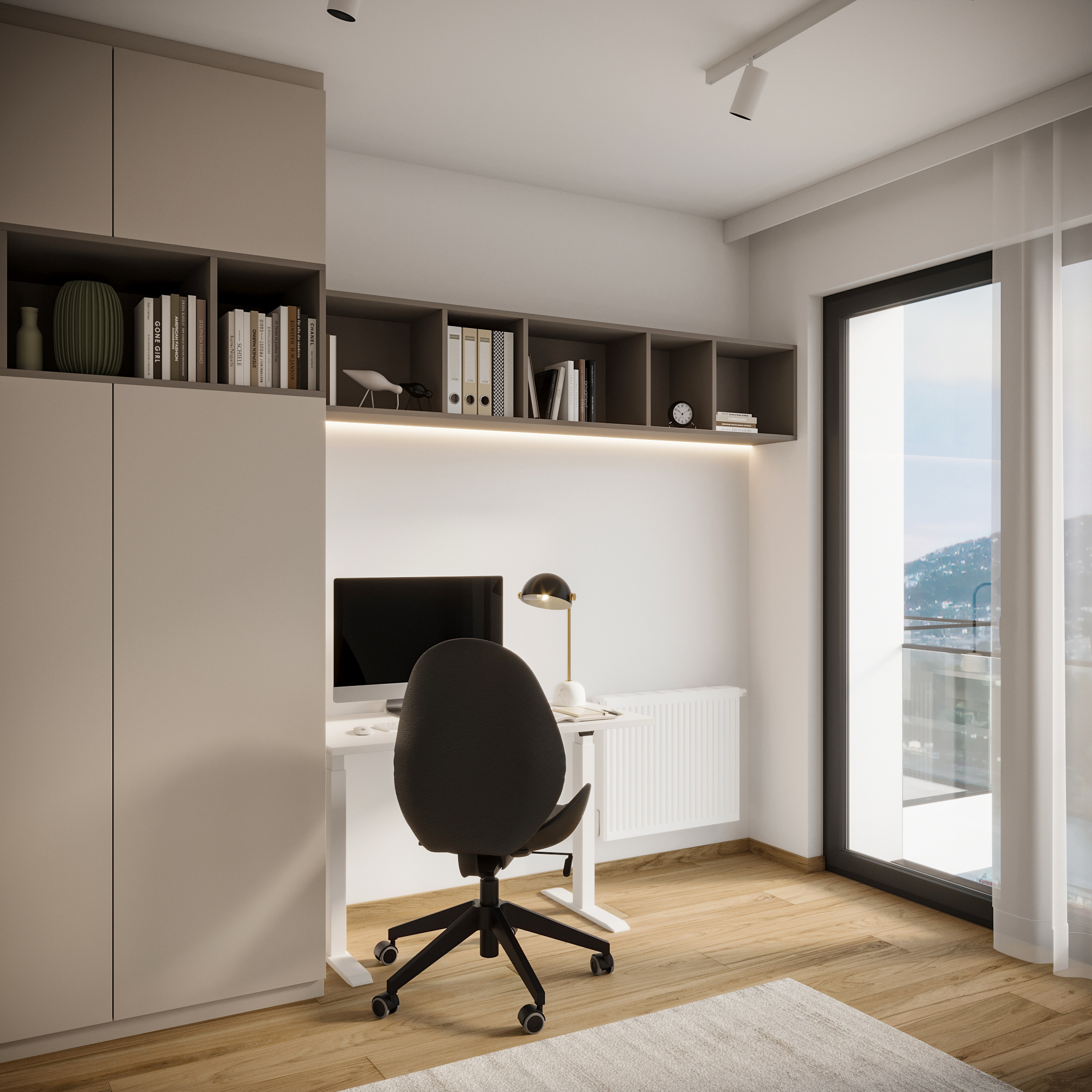 Modern home office with a black swivel chair, white desk holding a computer and desk lamp, beige cabinets with shelves, and a large window with sheer curtains showing a balcony view.