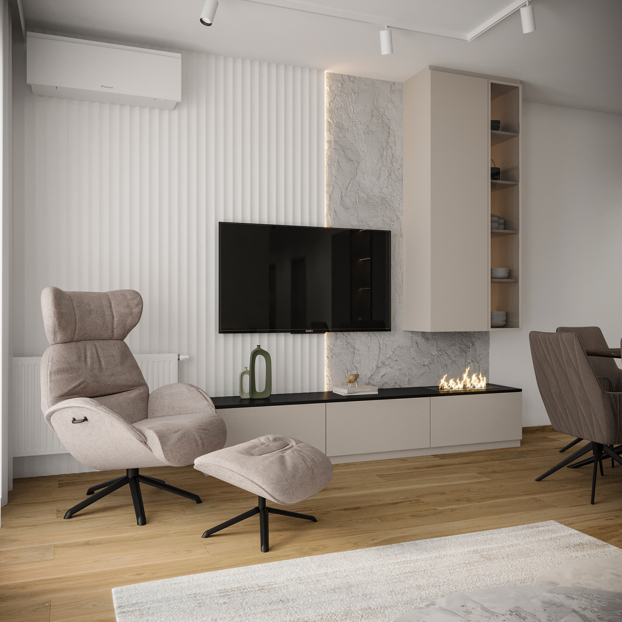 Spacious living room with floor to ceiling windows sheer curtains wooden flooring and a green sofa