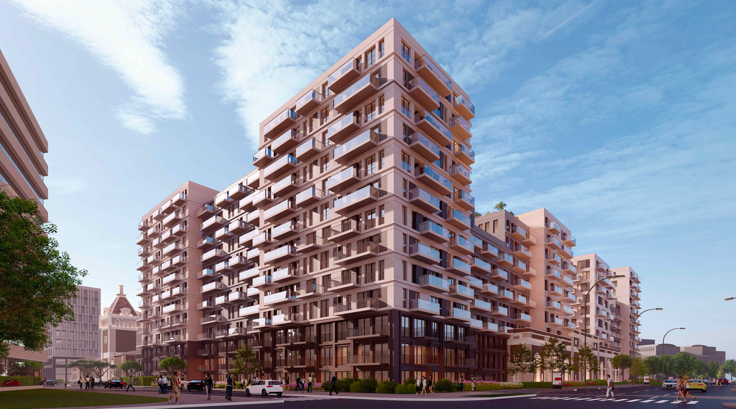 Modern multi-story residential building with balconies under a blue sky and people walking on sidewalks.