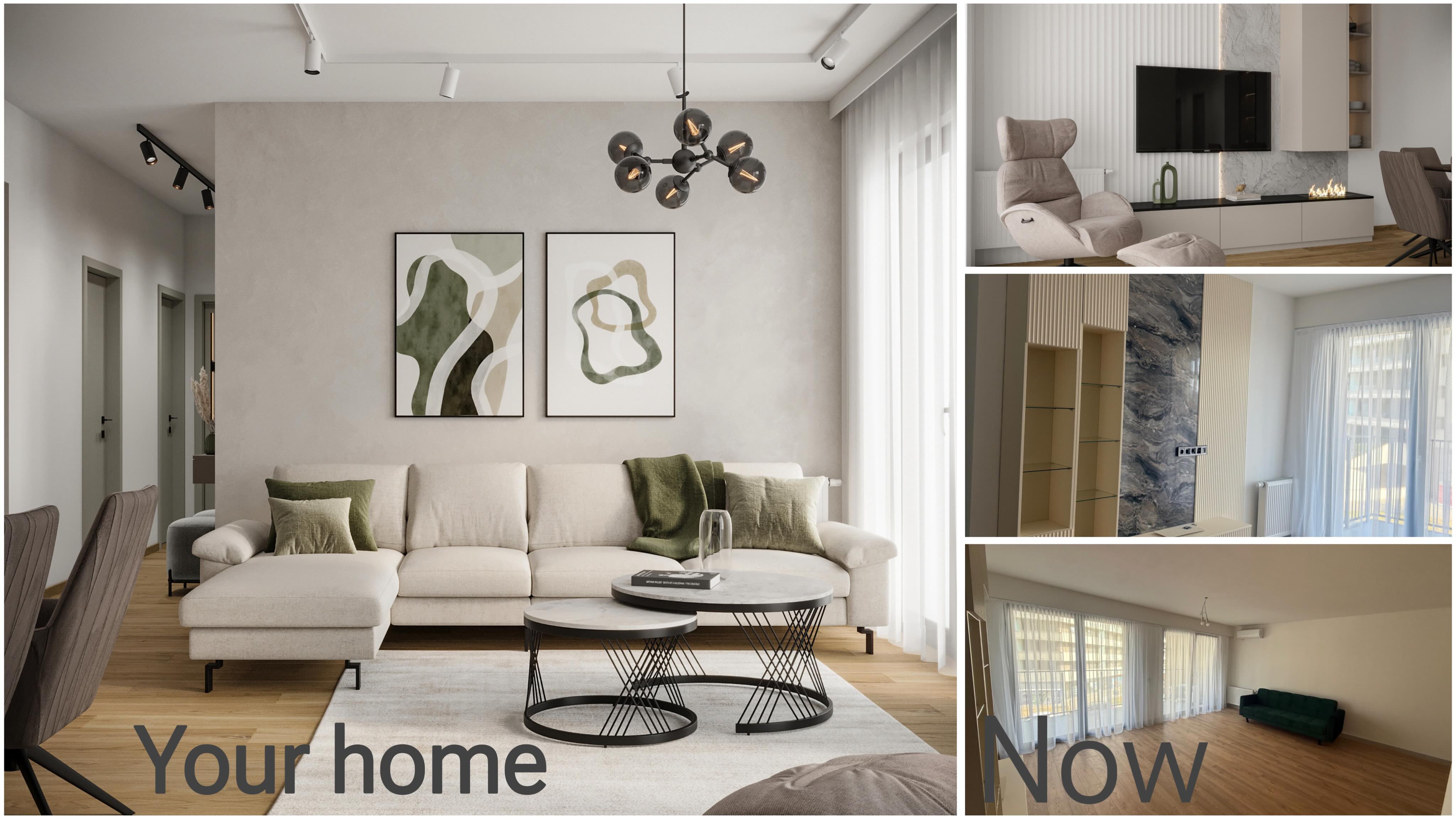 Collage of modern living spaces showing a beige sectional sofa with green pillows and abstract wall art, a beige recliner next to a wall-mounted TV and fireplace, a marble-accented shelving unit next to a window with sheer curtains, and an empty room with a green sofa and wood flooring.