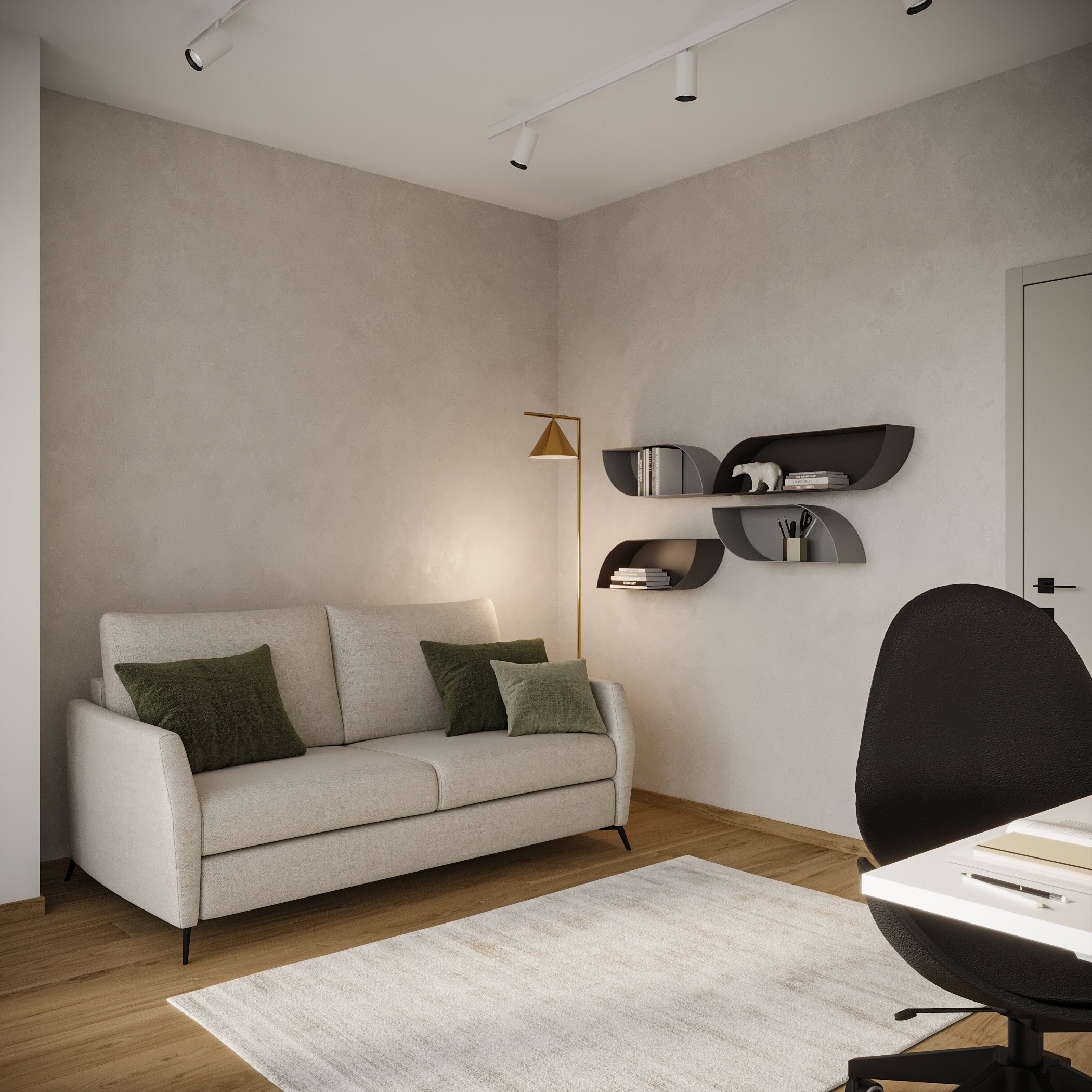 Modern home office with a black swivel chair, white desk, computer, desk lamp, wall-mounted shelves with books and decor, and a large window with sheer curtains.