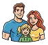 Illustration of a smiling family with a father, mother, and two children standing together.