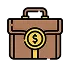 Brown briefcase with a gold dollar sign coin in front, symbolizing finance or business.