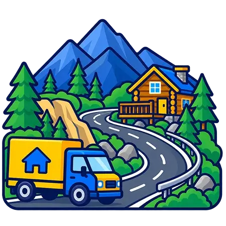 Moving truck on a mountain road near a cabin