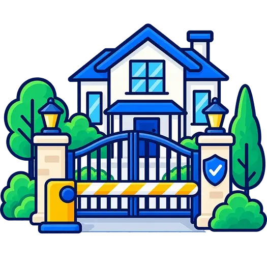 Gated community entrance with house