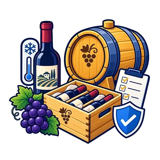 Wine barrel, bottles and grapes for cellar moving