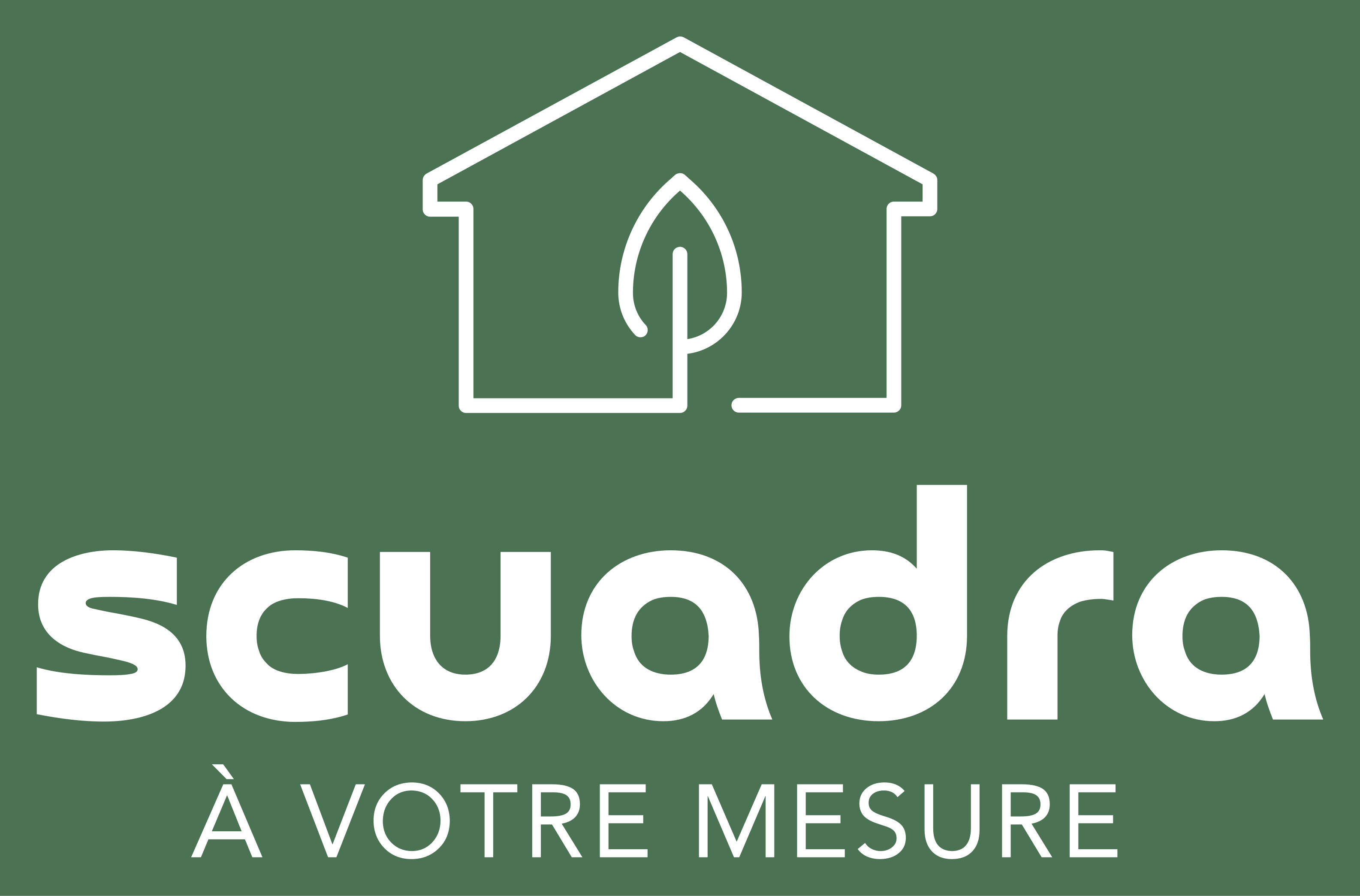 Logo with a house outline containing a leaf at the center above the text 'scuadra À VOTRE MESURE' on a green background.