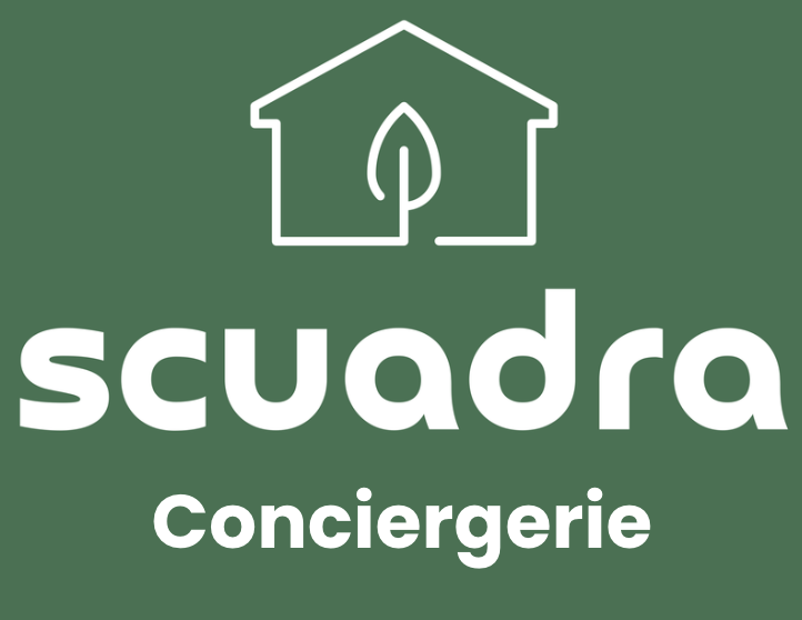 Logo with a house outline containing a leaf at the center above the text 'scuadra À VOTRE MESURE' on a green background.