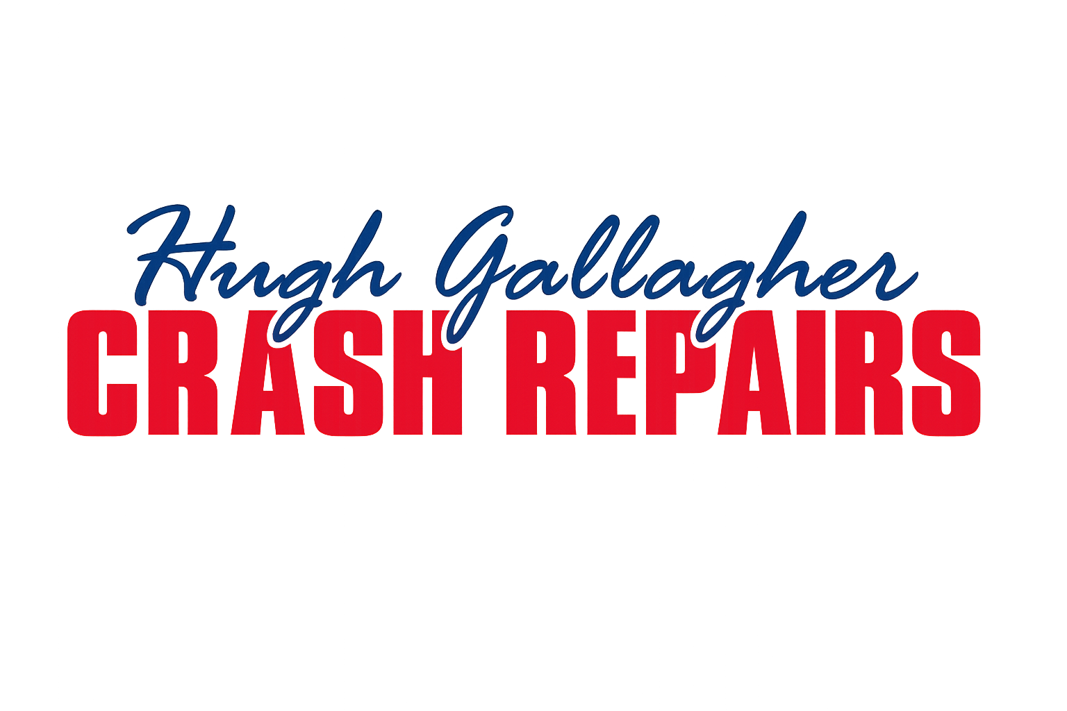 Text reading 'Hugh Gallagher' in blue cursive above bold red text 'CRASH REPAIRS' on a black background with blue and red glow effect.