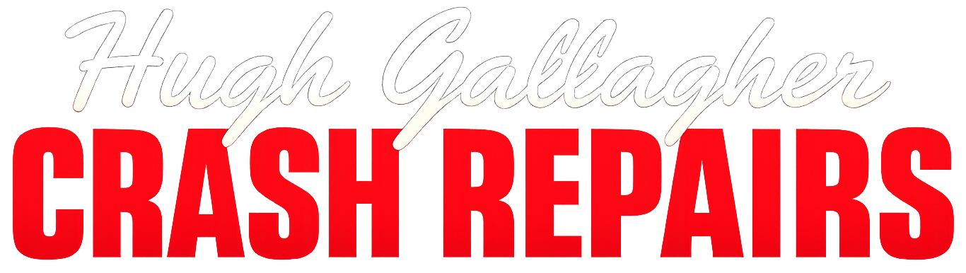 "Hugh Gallagher" text in white cursive above bold red text reading "CRASH REPAIRS."