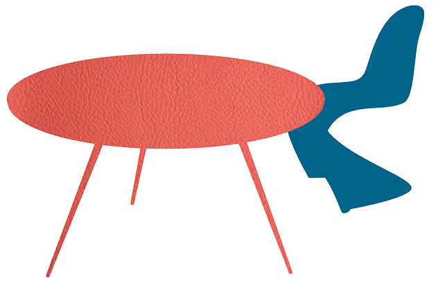 Illustration mit Rotem Tisch aus Leder und Designer Stuhl