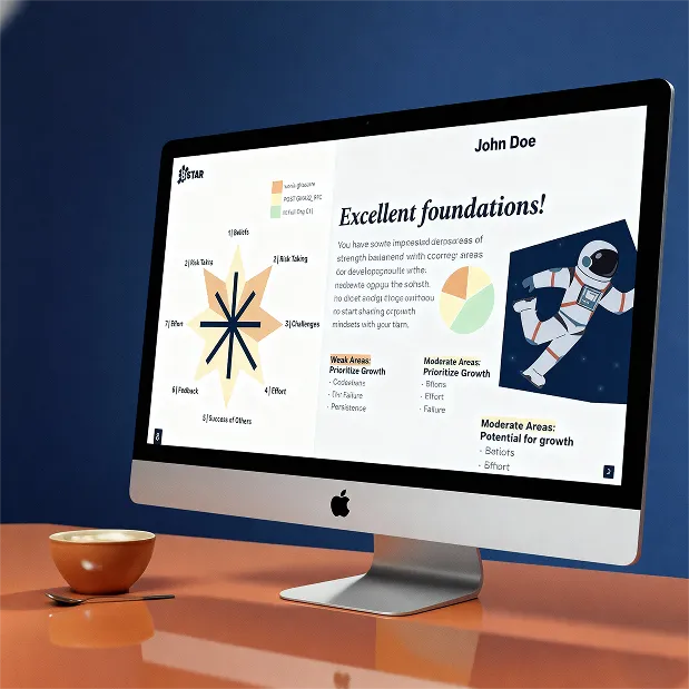 Desktop computer on orange desk displaying a report with a radar chart, text titled 'Excellent foundations!' credited to John Doe, and an illustration of an astronaut in space.