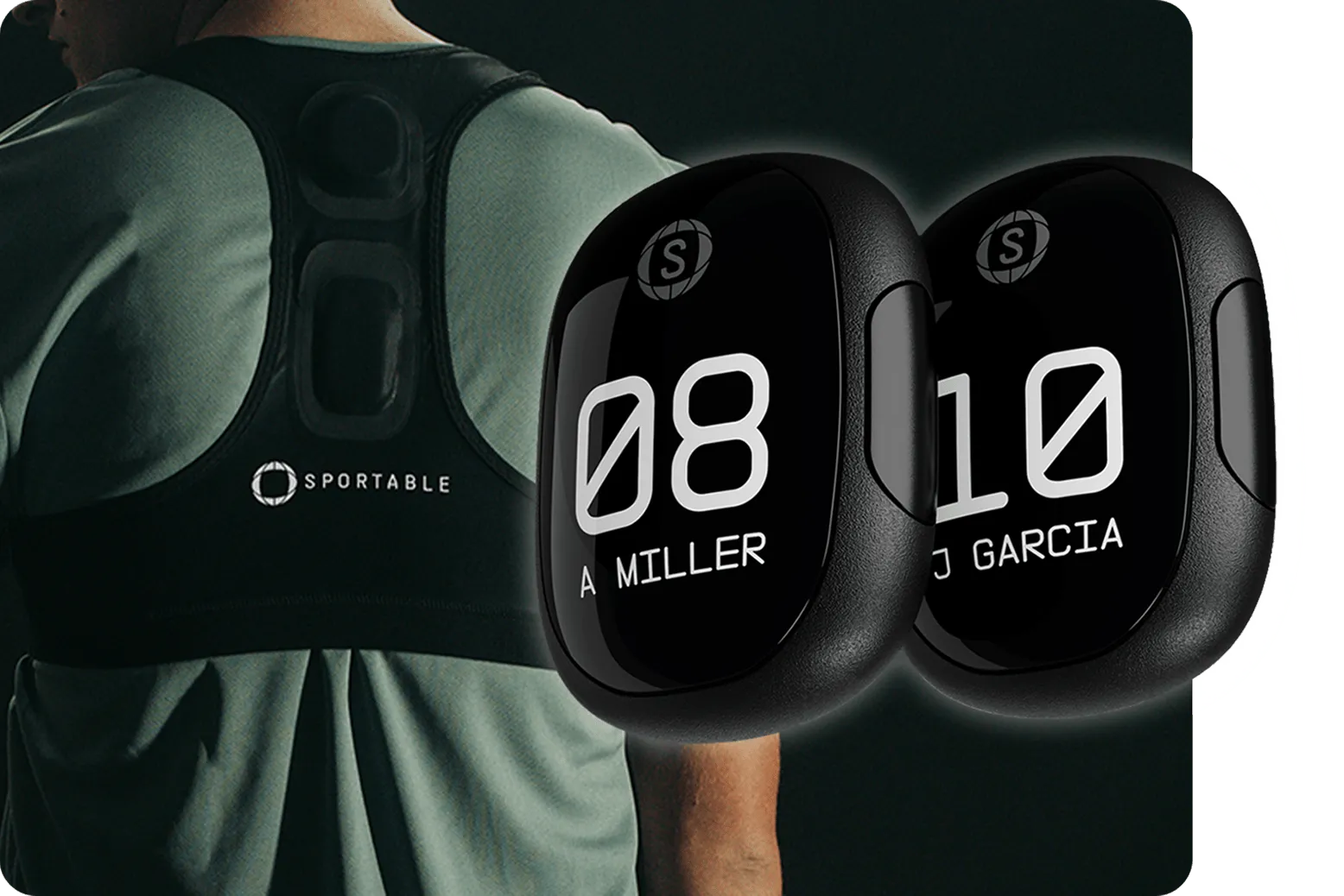 Person wearing a black Sportable wearable vest with two black digital tracking devices showing numbers and names A Miller and J Garcia.