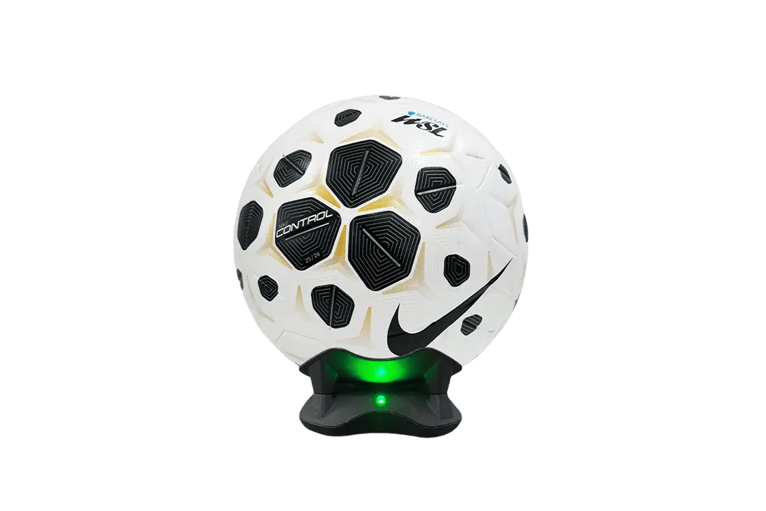 White Nike soccer ball with black pentagon patterns on a black stand with a green light.