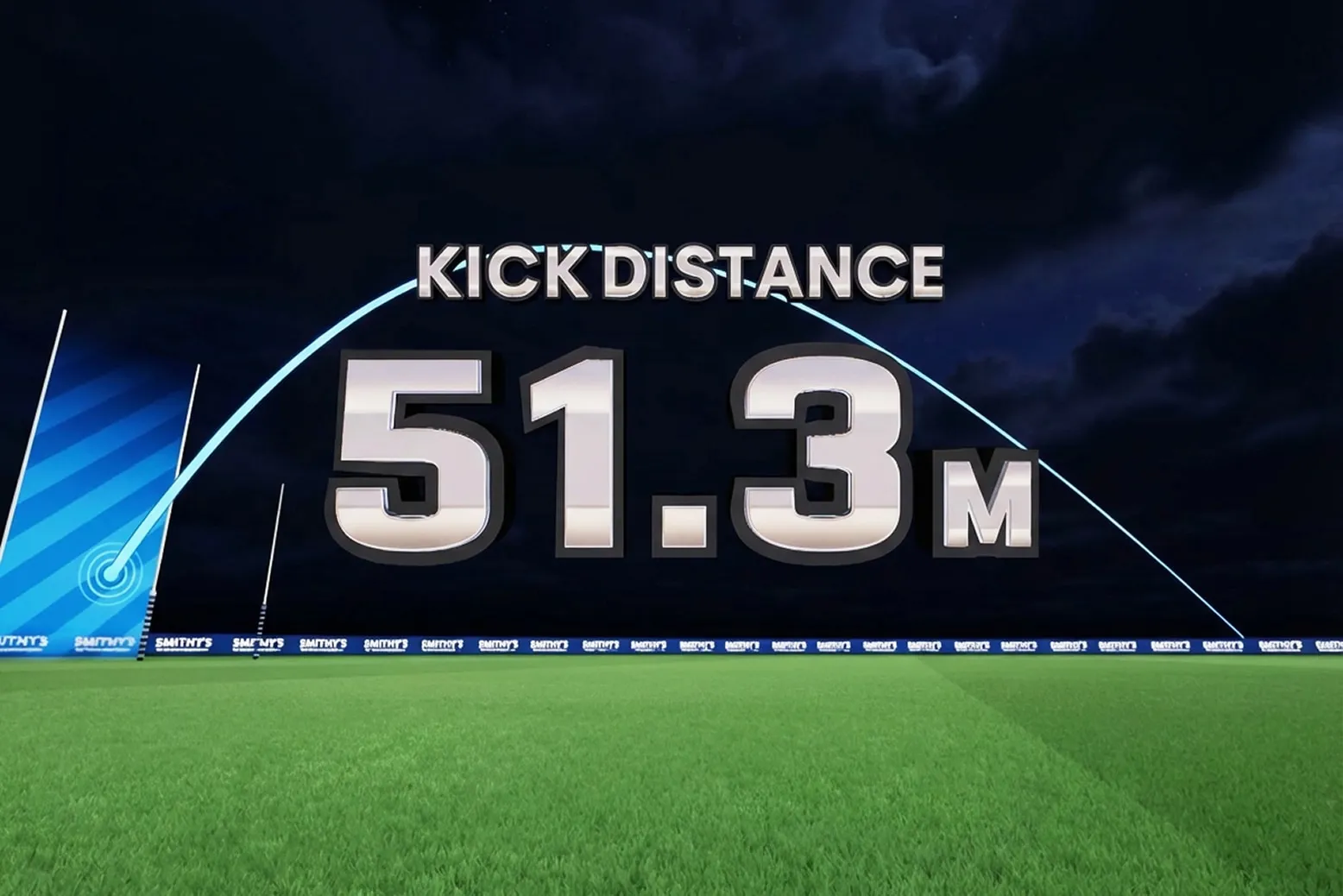 Digital graphic showing a kick distance of 51.3 meters on a green field under a night sky.
