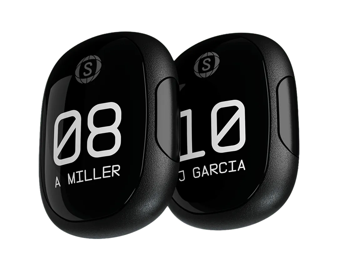 Two black wearable devices with digital displays showing player numbers 08 and 10 labeled A Miller and J Garcia.