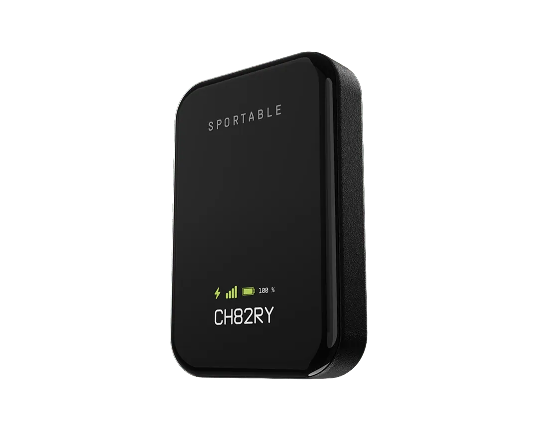 Black portable electronic device with the label SPORTABLE and a digital display showing battery at 100%, signal bars, and code CH82RY.