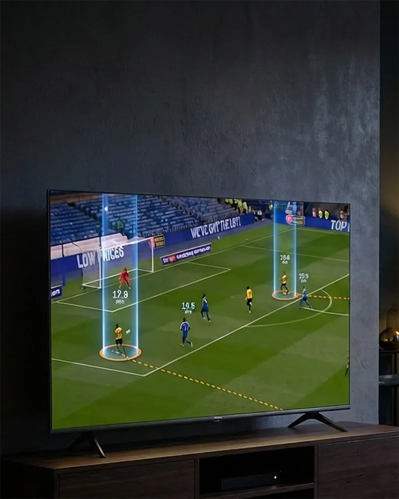 Flat-screen TV on a wooden stand displaying a soccer match with digital performance stats highlighted above players on the field.