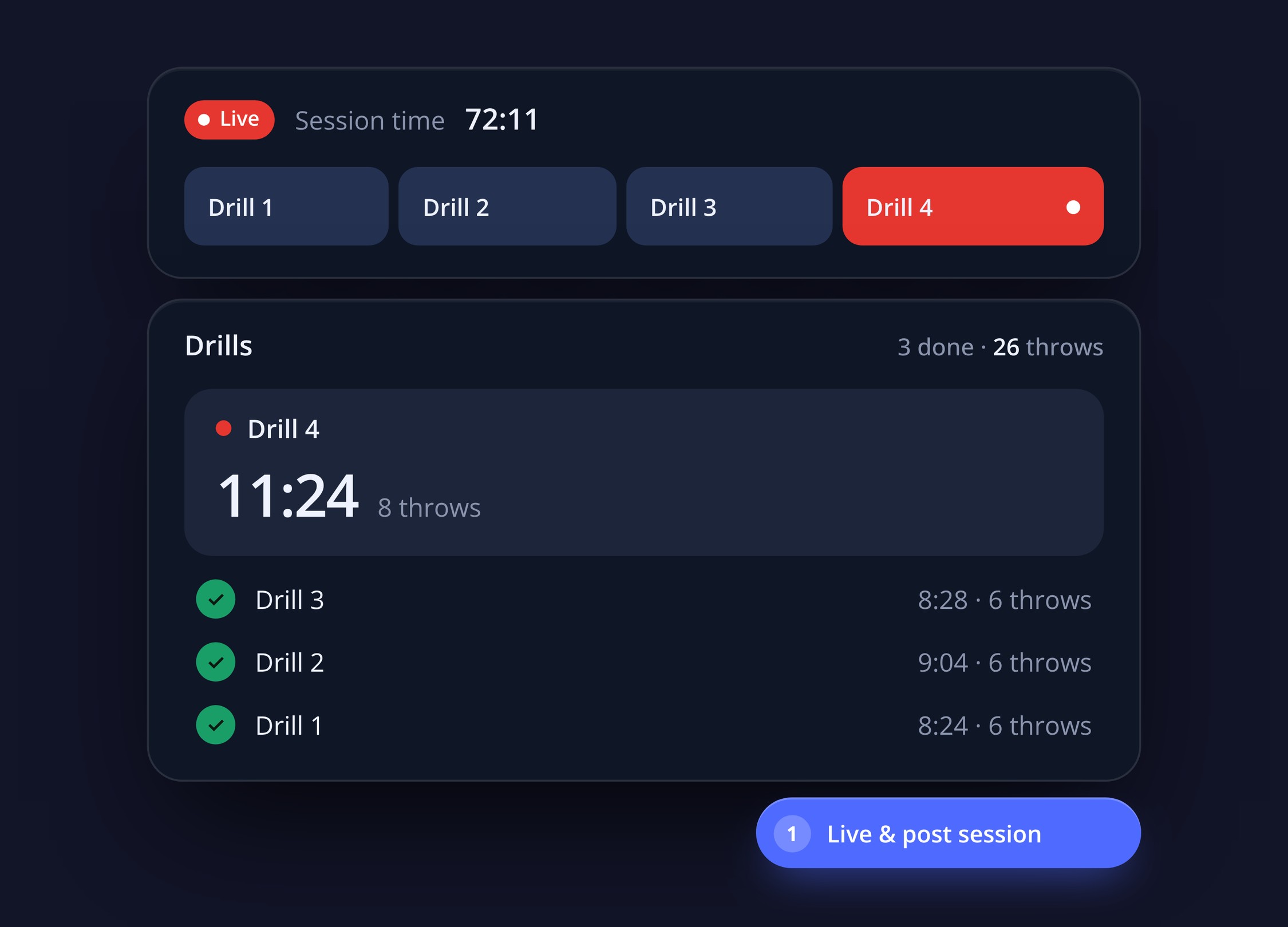 Drills panel: live session time and drill timeline