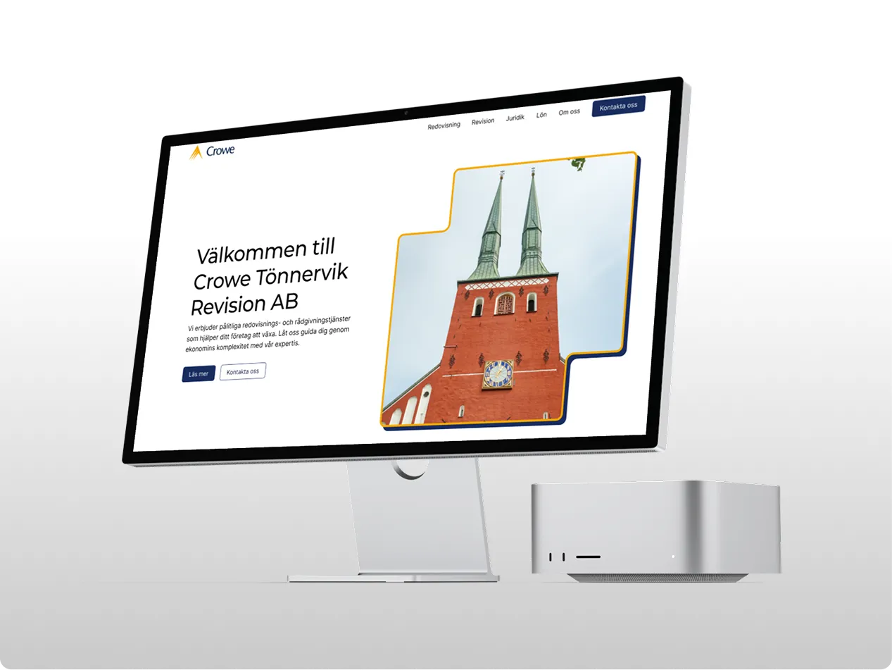 Computer screen displaying the redesigned Crowe Tönnervik Revision AB website, featuring a hero image of a brick church tower with dual green spires.