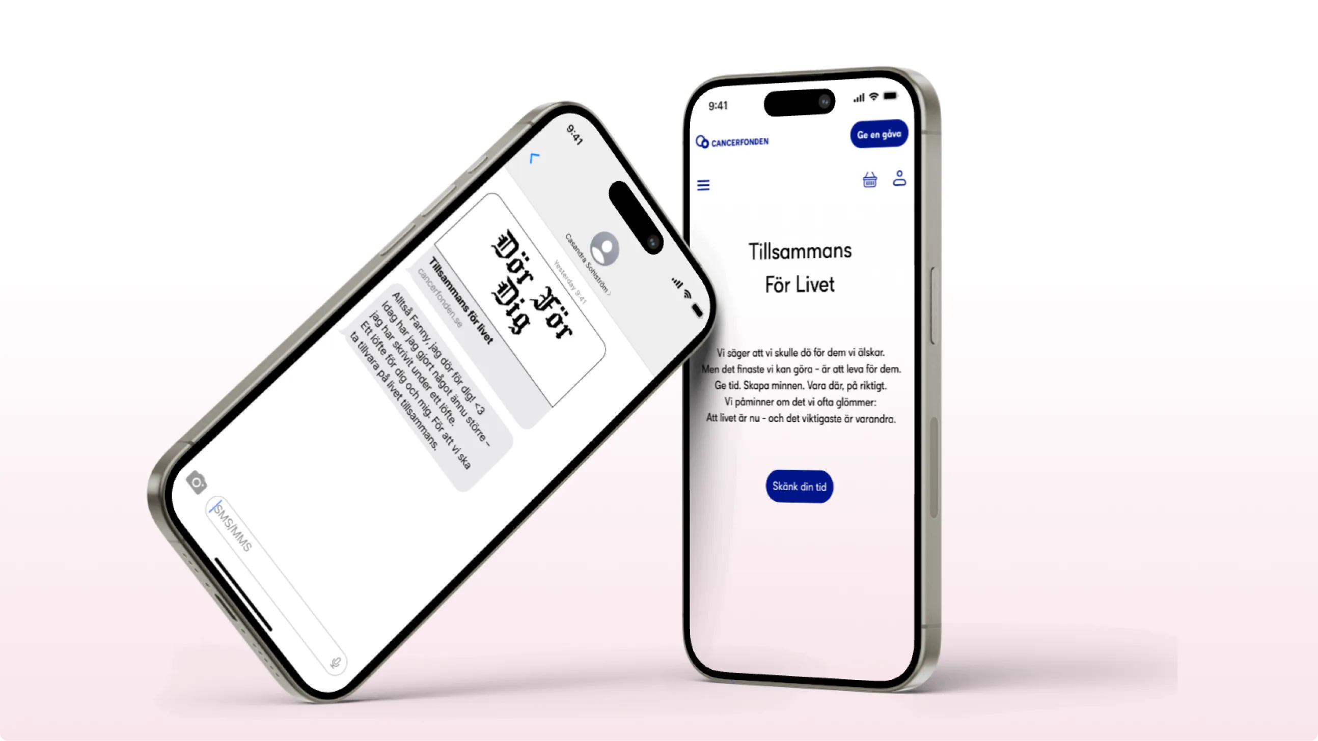 Mobile mockup for Cancerfonden’s ‘Dör För Dig’ campaign, showing a personalised life-promise in a text message and the campaign homepage on two smartphones