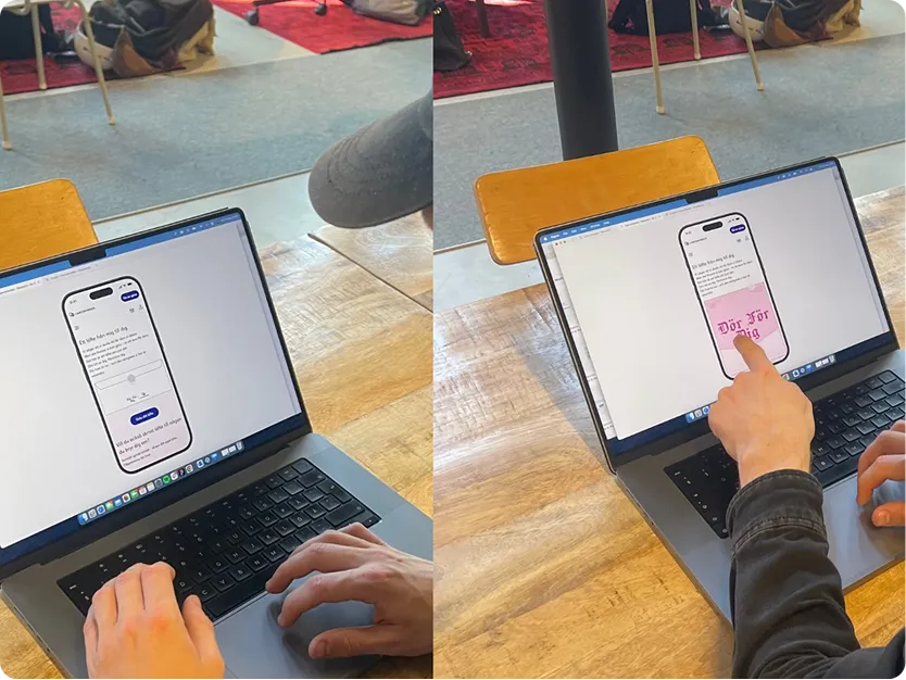 User testing session for the ‘Dör För Dig’ campaign prototype, showing participants interacting with the mobile interface on a laptop during concept validation.