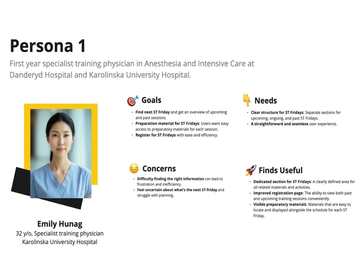Persona for the STairs medical education platform redesign, showing a specialist training physician with goals, needs, concerns and useful features.