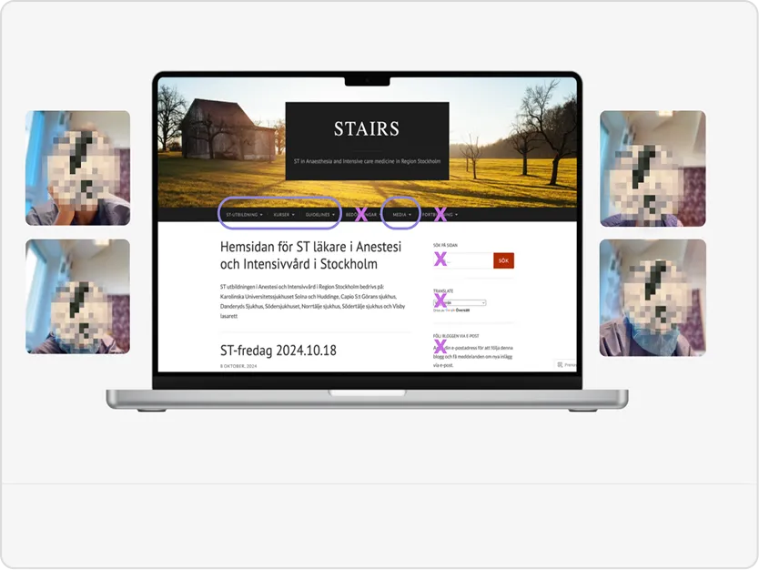 User testing of the original STairs website, showing participant reactions around a laptop displaying the old interface with highlighted navigation issues.