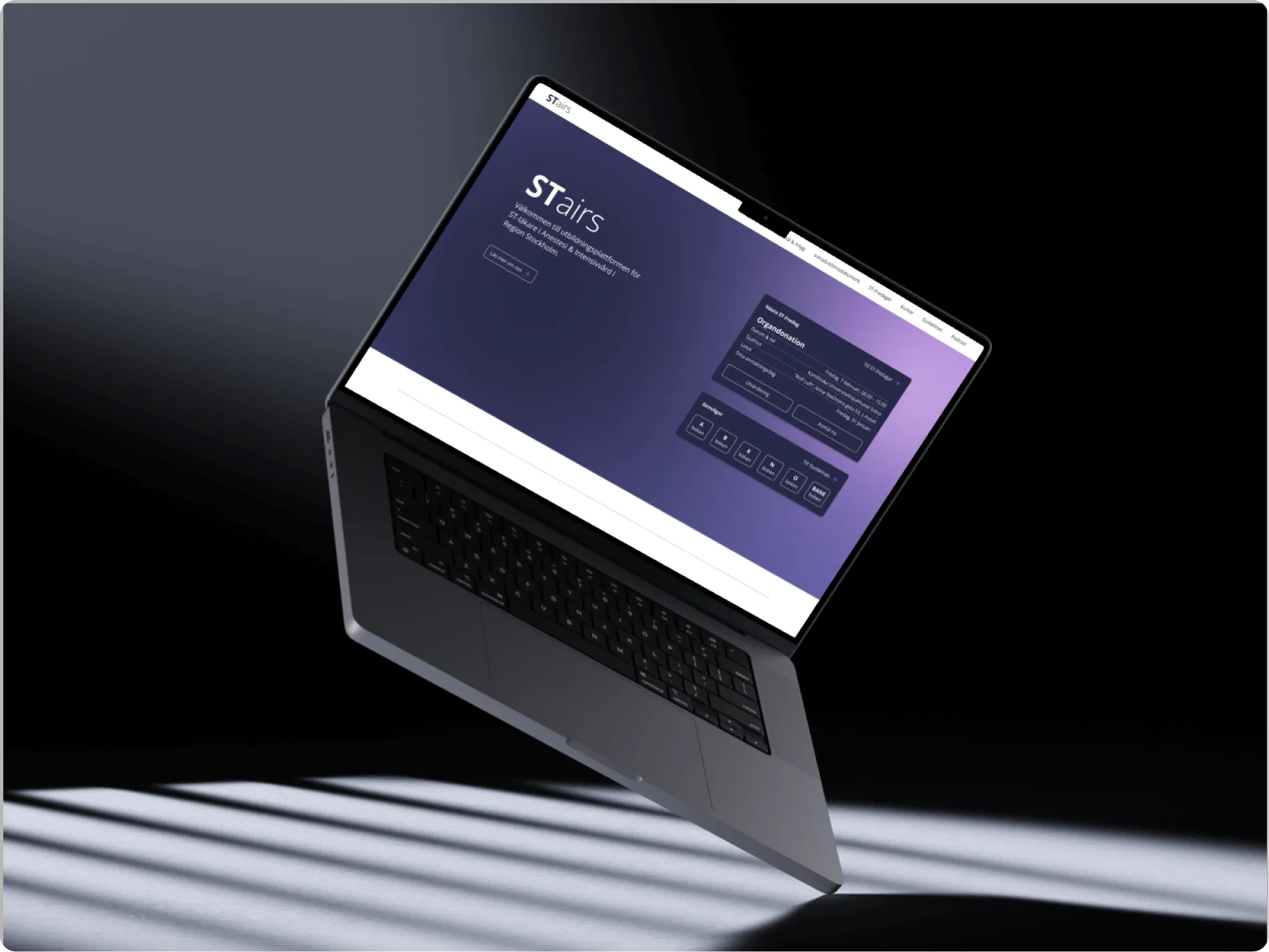 Laptop mockup showcasing the new UX/UI design for the STairs anaesthesia and intensive care education platform, featuring the improved hero layout and quick-access modules.