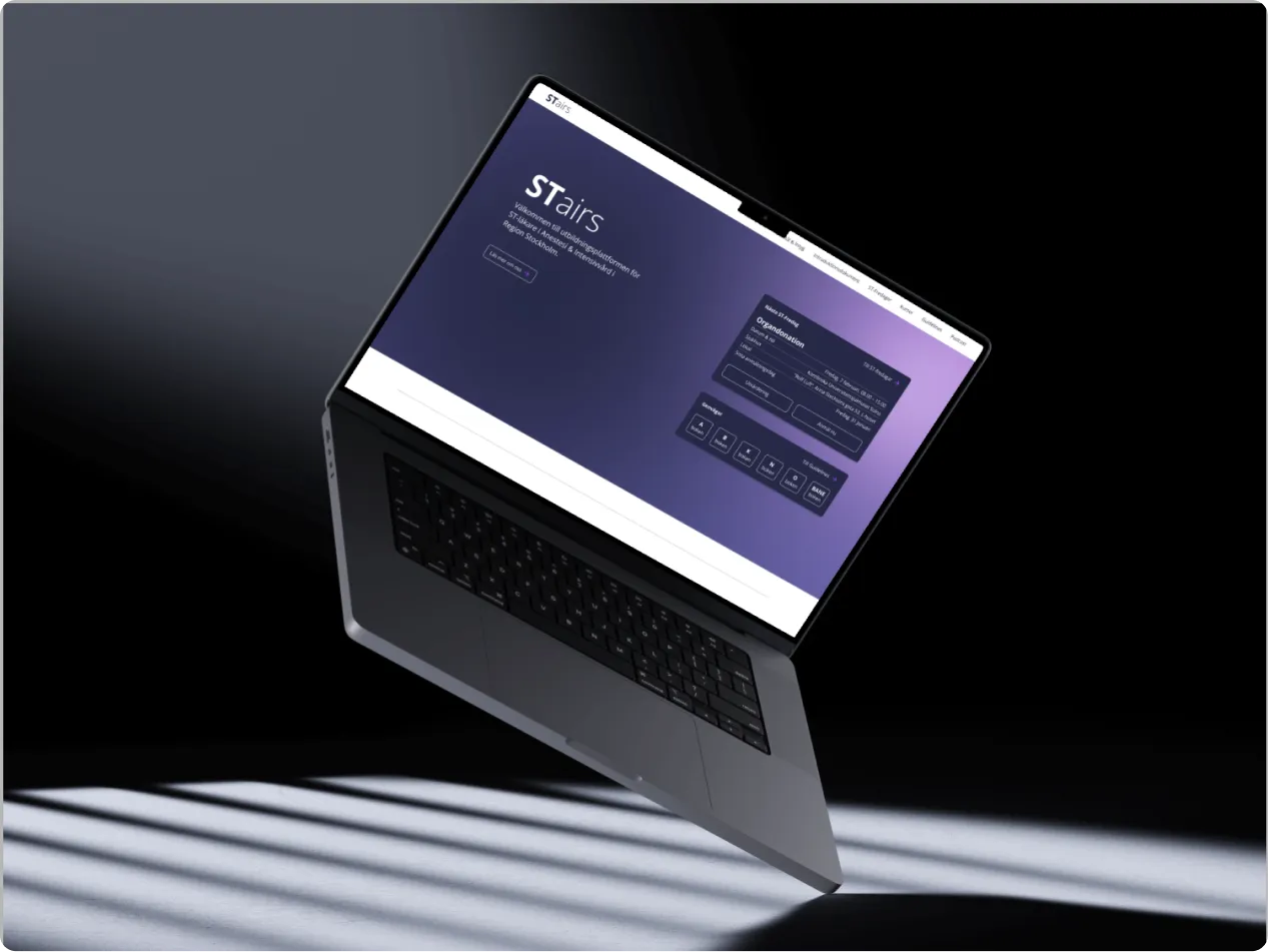 Laptop mockup showcasing the new UX/UI design for the STairs anaesthesia and intensive care education platform, featuring the improved hero layout and quick-access modules.