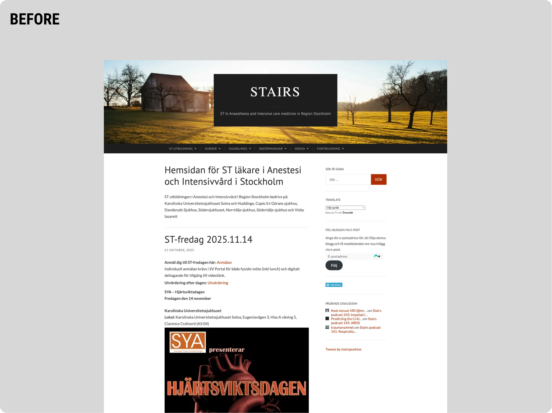 Before-version of the STairs medical education website, showing the original homepage with blog-style layout, heavy text blocks and outdated navigation.