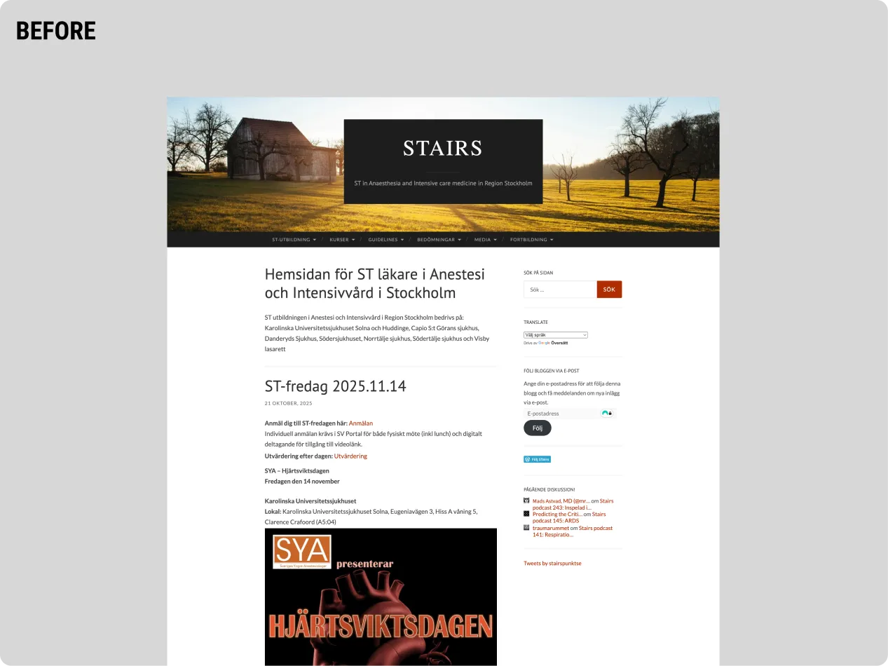Before-version of the STairs medical education website, showing the original homepage with blog-style layout, heavy text blocks and outdated navigation.