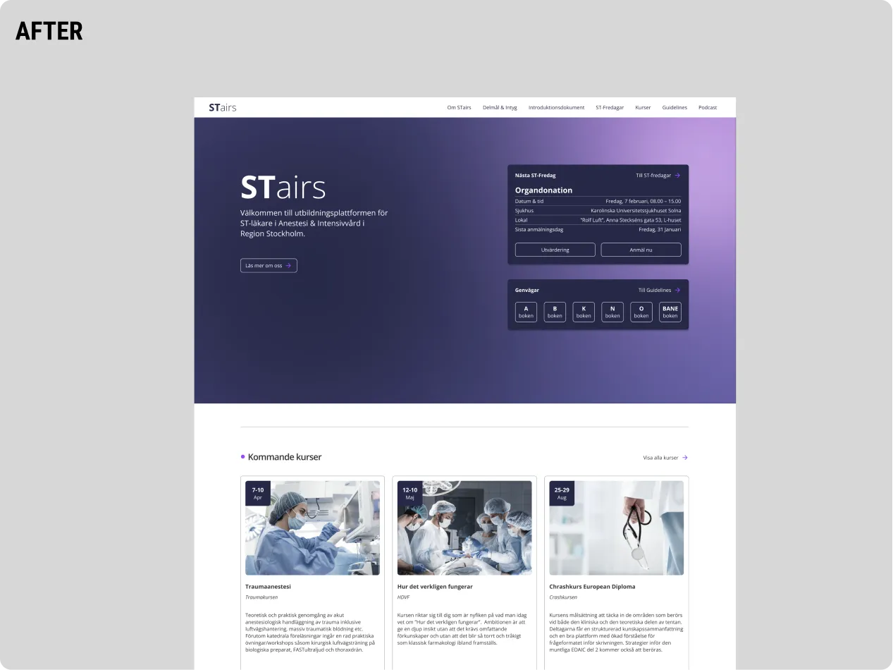 After-version of the redesigned STairs education platform homepage, showing updated hero section, course overview and improved UI for medical training content.