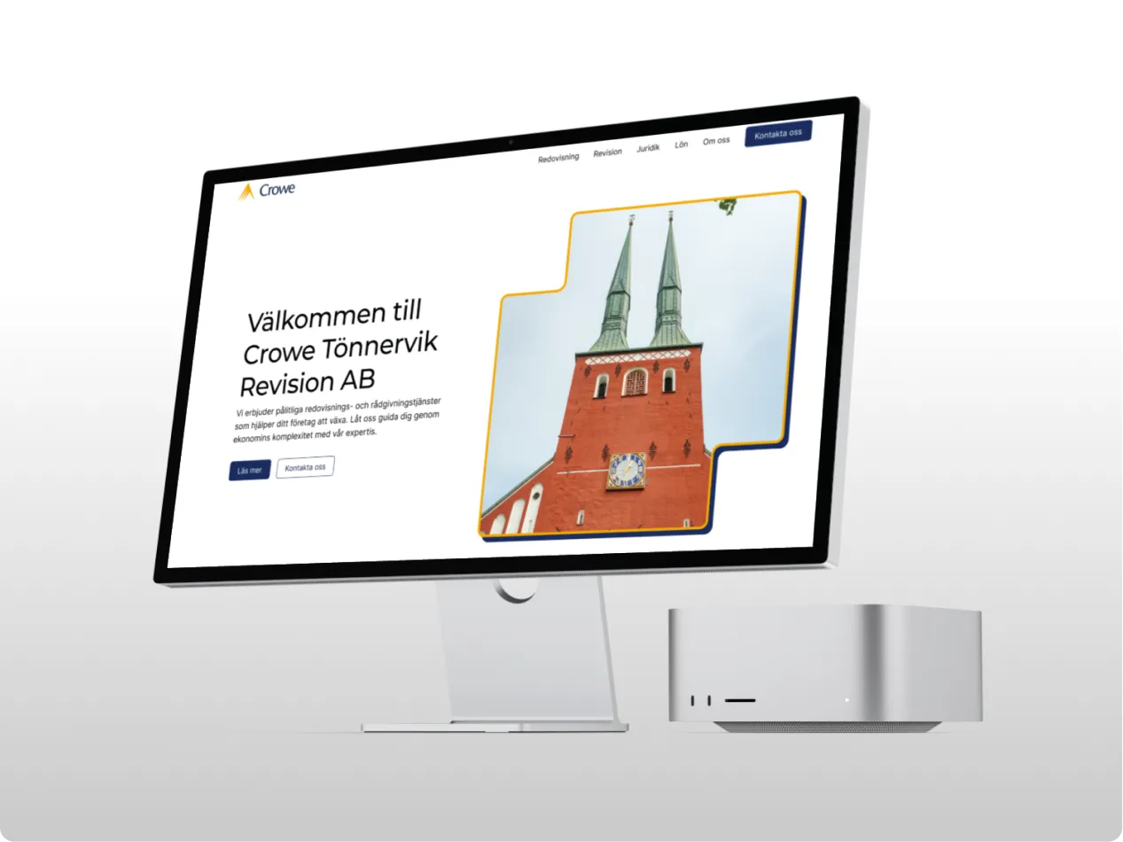 Desktop mockup displaying the redesigned Crowe Tönnervik Revision homepage with updated UX/UI.
