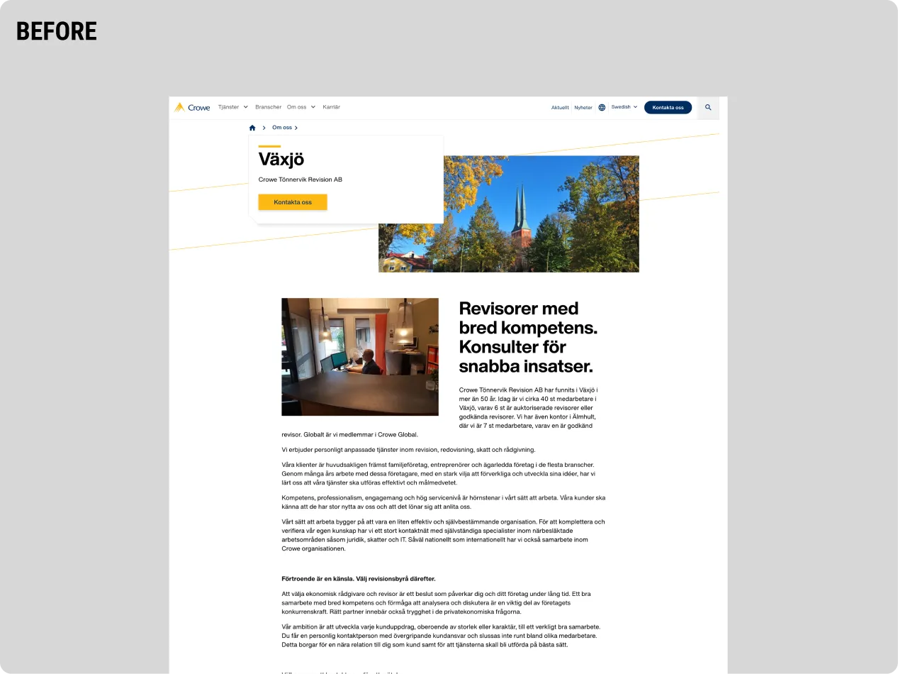 Original version of the Crowe Tönnervik Revision website before the redesign, featuring a long text-heavy layout and an older hero section