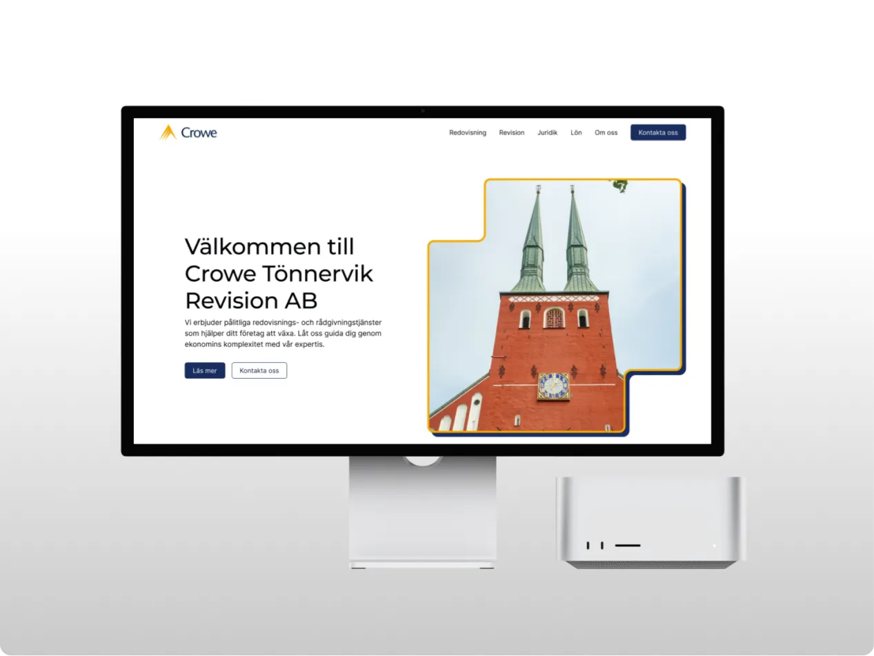 Desktop mockup displaying the redesigned Crowe Tönnervik Revision homepage with updated UX/UI.