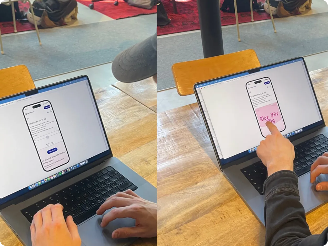 User testing session for the ‘Dör För Dig’ campaign prototype, showing participants interacting with the mobile interface on a laptop during concept validation.