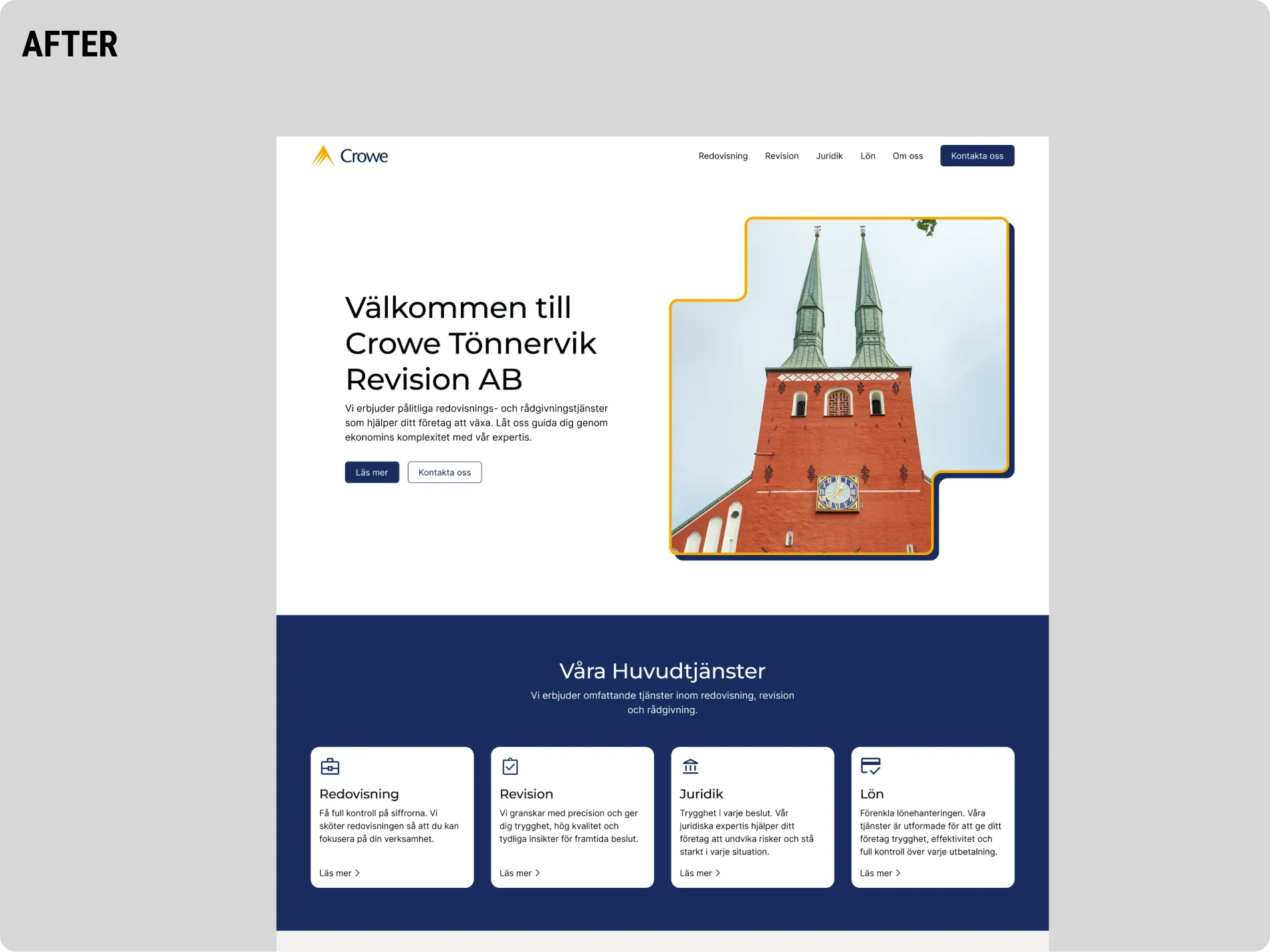 After-version of the Crowe Tönnervik Revision website redesign, showing the new hero section with improved structure and a photo of the Växjö church tower.