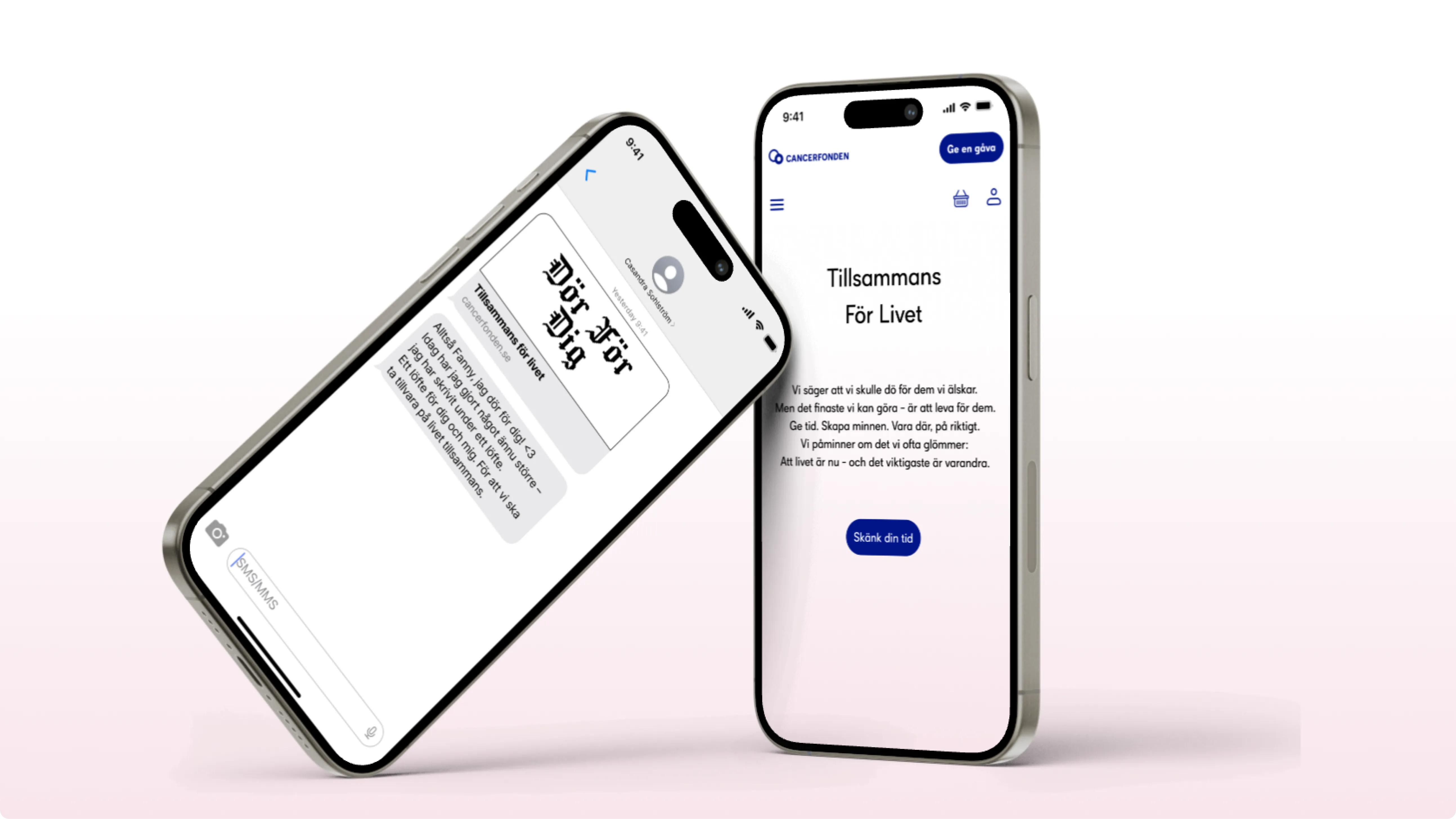 Mobile mockup for Cancerfonden’s ‘Dör För Dig’ campaign, showing a personalised life-promise in a text message and the campaign homepage on two smartphones