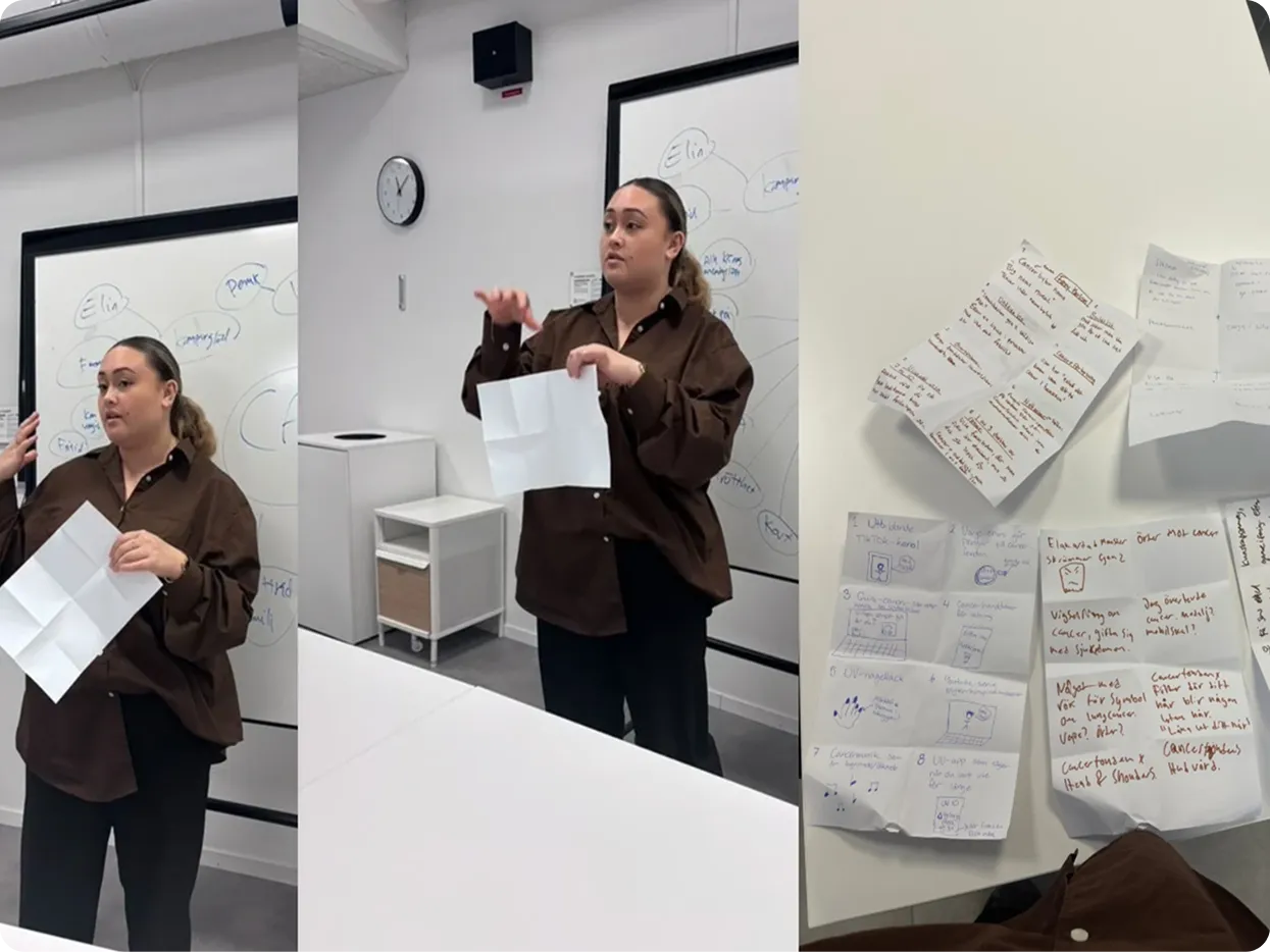 Casandra (UX/UI Designer) leading a workshop for the ‘Dör För Dig’ campaign, presenting early concept sketches and insights on a whiteboard, alongside close-ups of ideation notes.