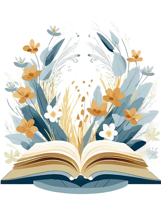 Open book with pages forming a bouquet of blue, yellow, and white flowers and leaves.