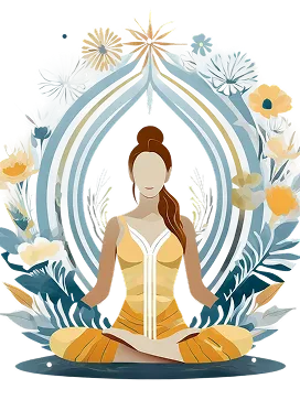 Illustration of a woman in yellow sitting cross-legged in a meditative pose surrounded by a decorative floral aura.