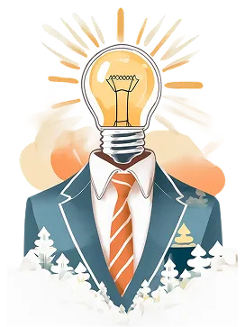 Illustration of a person in a suit with a light bulb as their head, symbolizing ideas or creativity.