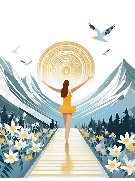 Woman in yellow dress walking on a wooden path surrounded by flowers toward mountains and holding a large circular object, with birds flying above.