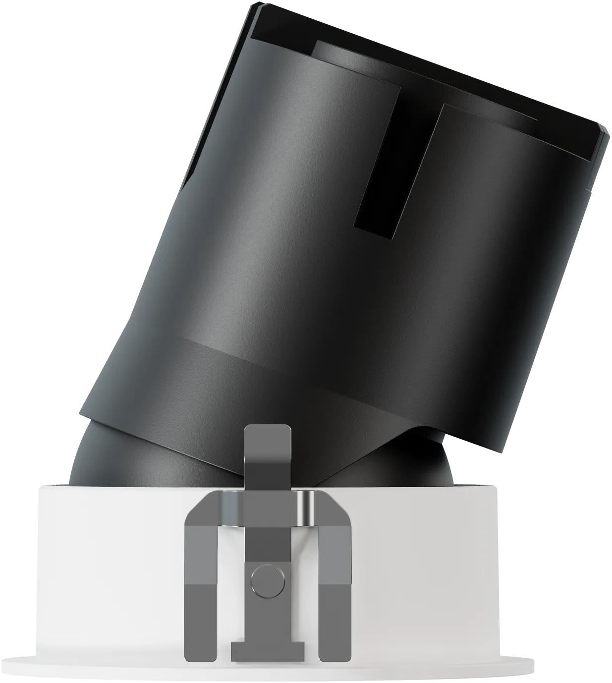 Black adjustable spotlight mounted on a white base with an attached metal clamp bracket.