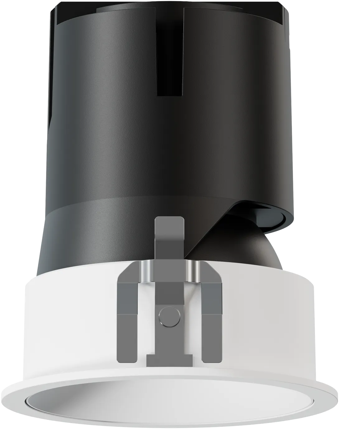 Modern recessed ceiling light fixture with a black heat sink and white trim.