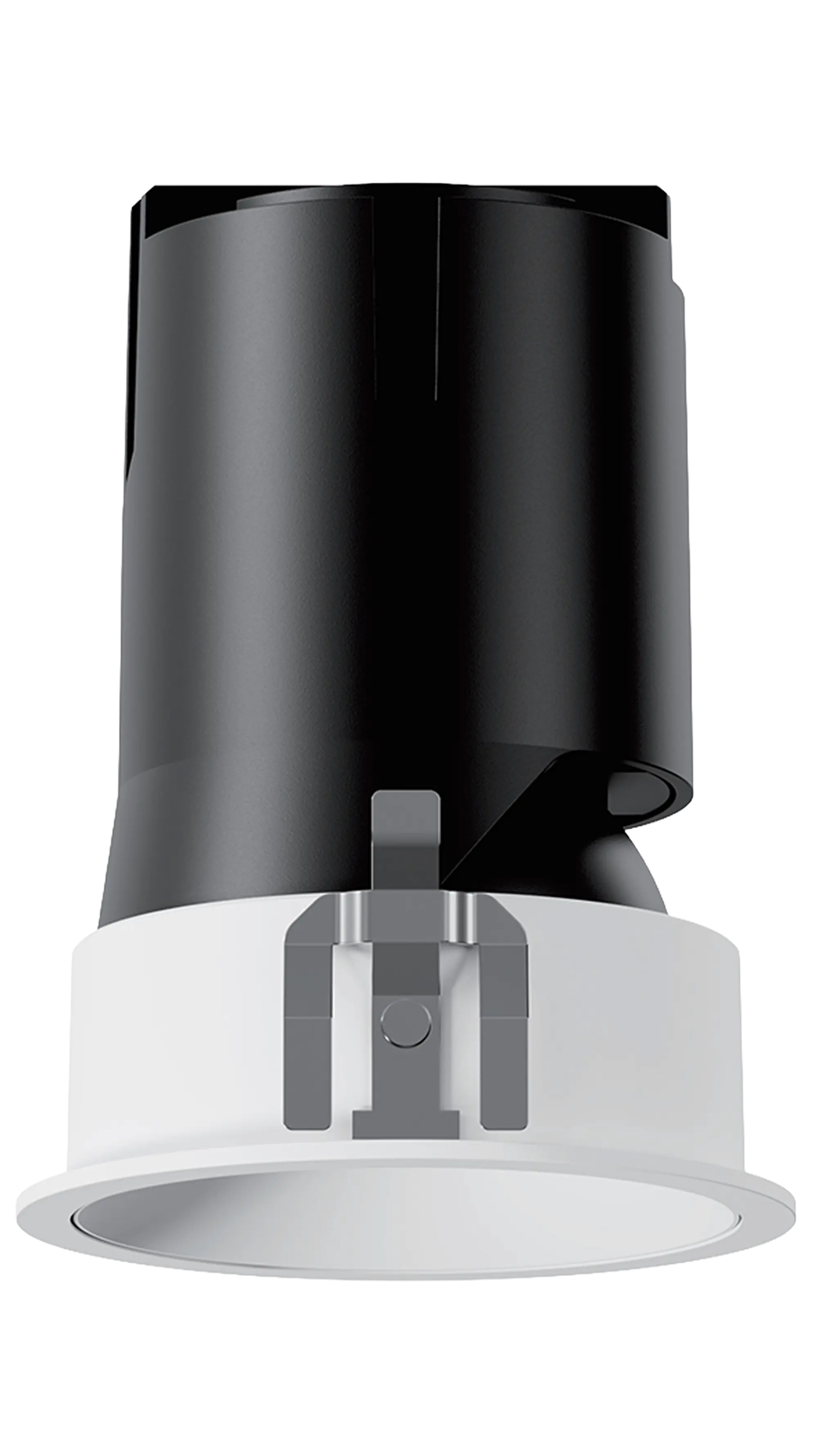 Black and white recessed ceiling light fixture with mounting clips.