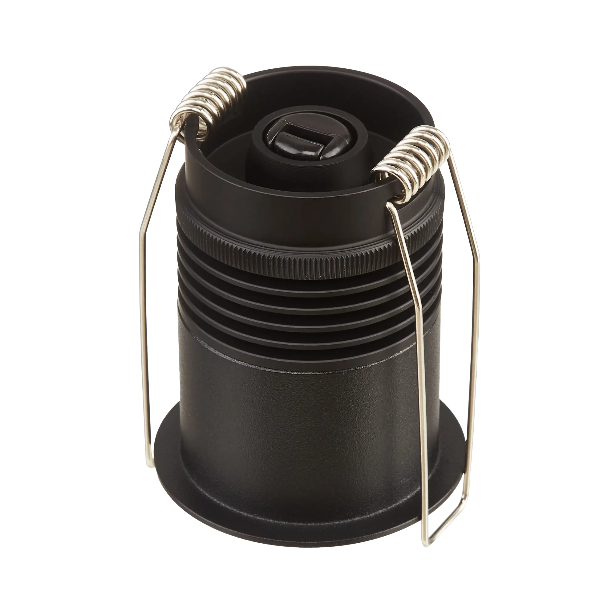Black cylindrical recessed light fixture with spring clips for ceiling installation.