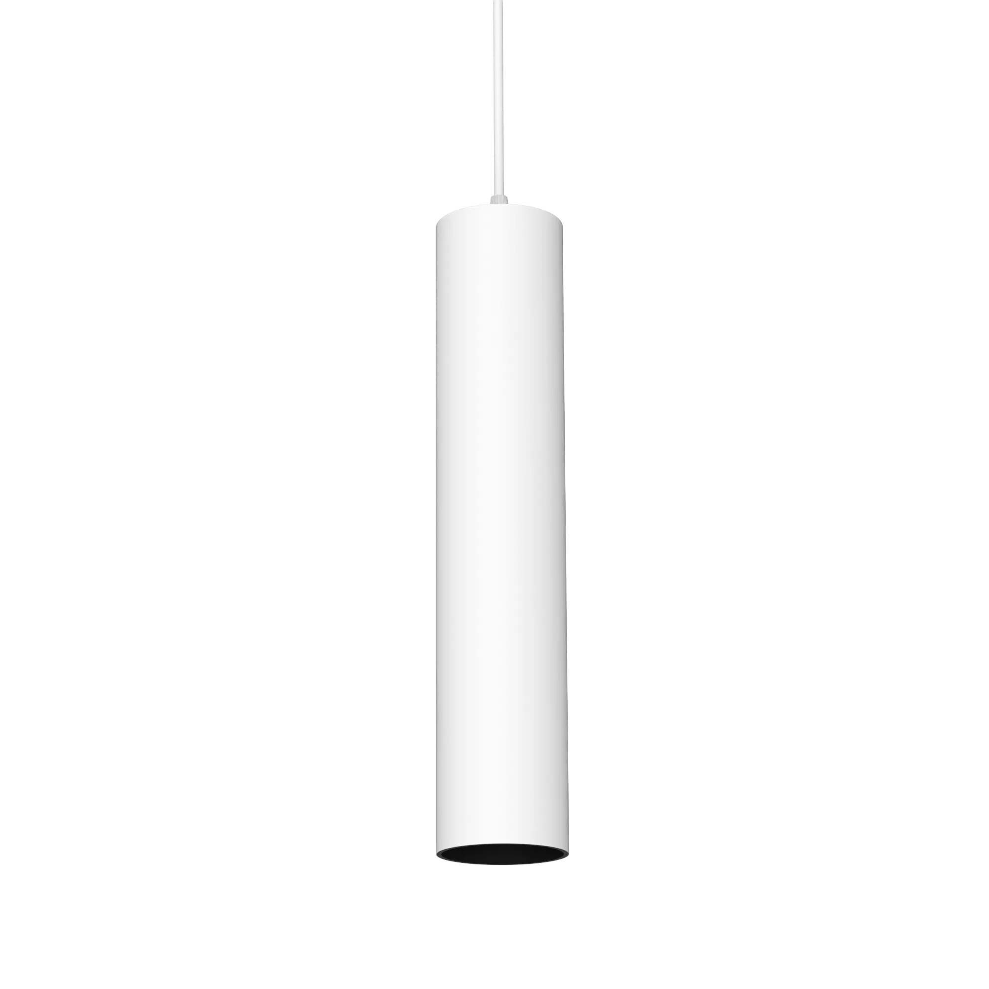 White cylindrical pendant light hanging from a ceiling cable on a white background.