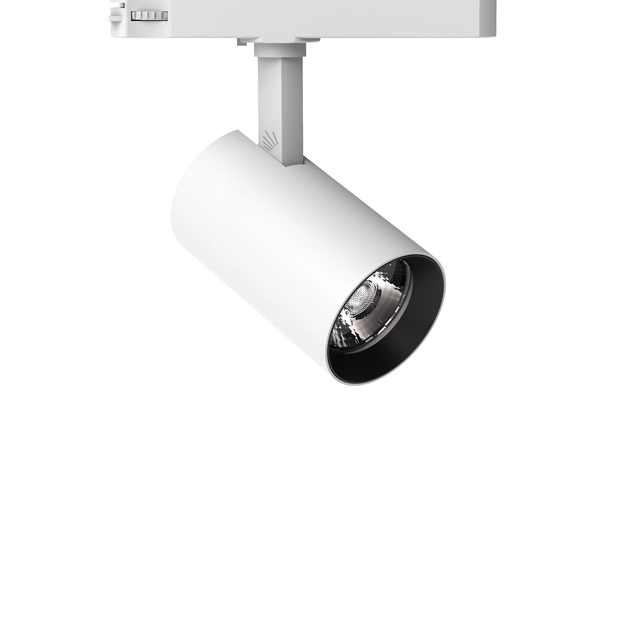 White cylindrical track light fixture with reflective interior, mounted on a ceiling track.